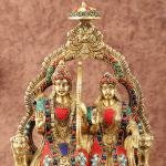 Brass Rama Sita Hanuman Idol Set | 11" x 8" x 4" (28 x 20.3 x 10.2 cm) | 4 kg Throne Setting with Stonework | Divine Trio Sacred Art | Premium Murti